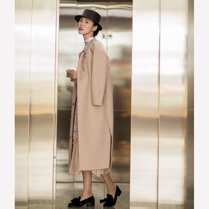 Fine Nude Pink Woolen Coats Oversized Long Sleeve Medium Length Jackets Embroidery Coats