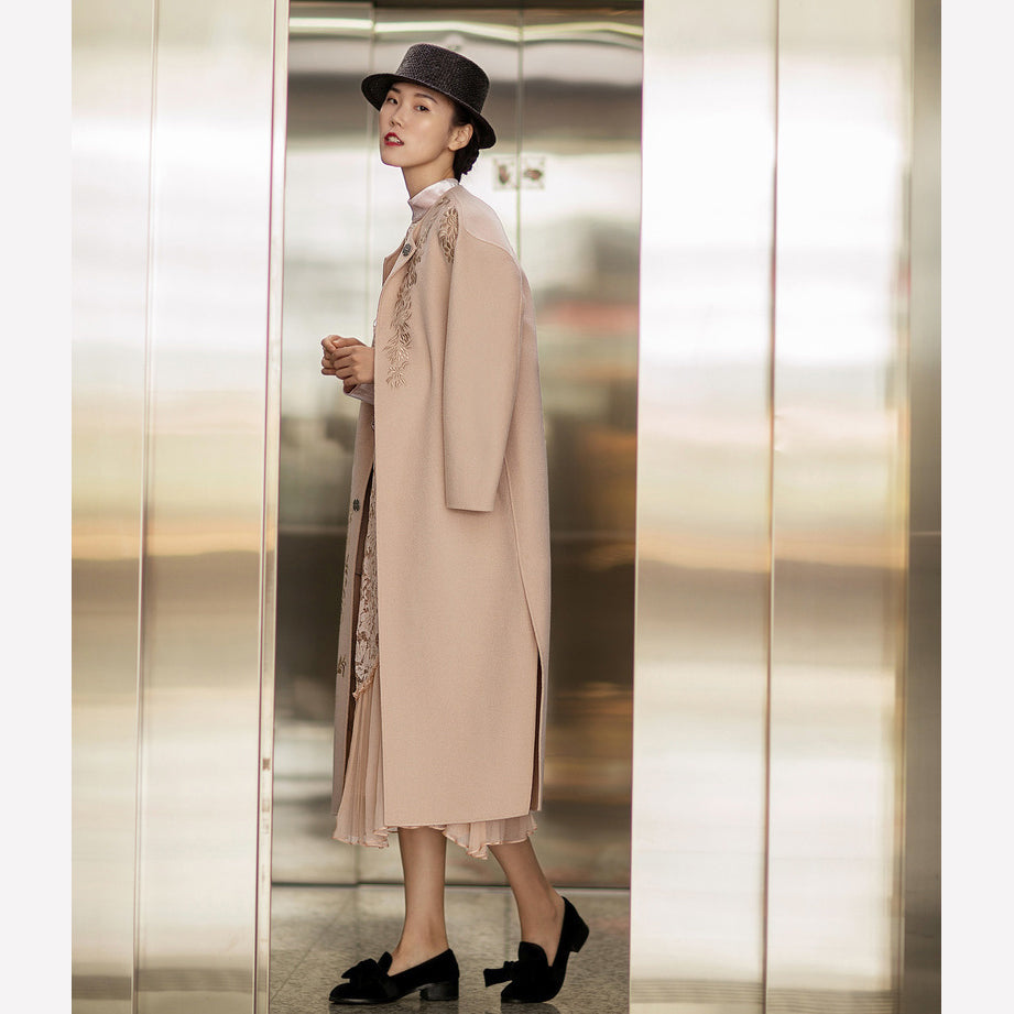 Fine Nude Pink Woolen Coats Oversized Long Sleeve Medium Length Jackets Embroidery Coats