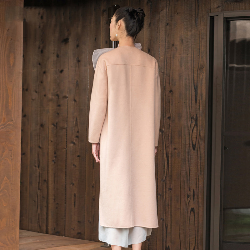 Fine Nude Pink Woolen Coats Oversized Long Sleeve Medium Length Jackets Embroidery Coats
