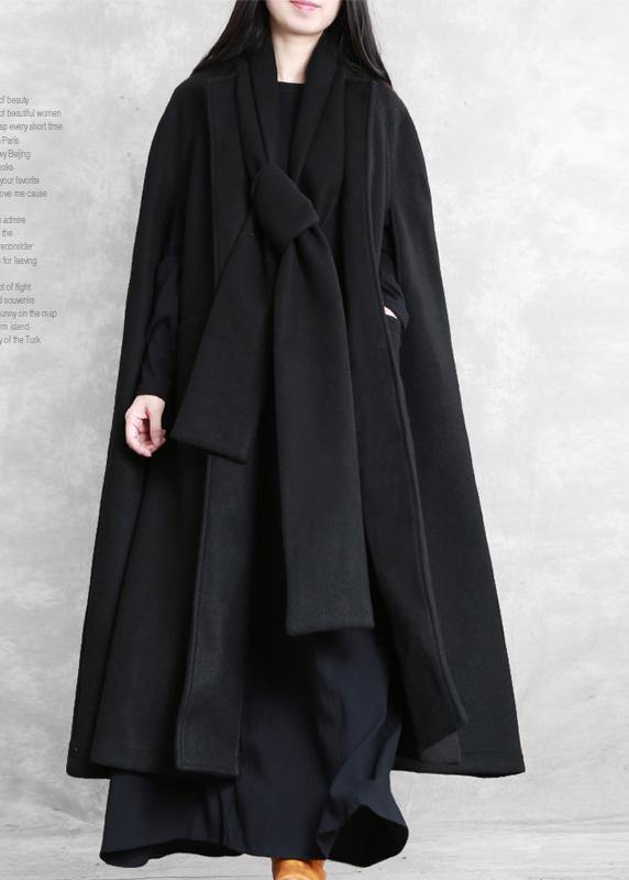 Fine Oversize Long Coat Black Pockets Extra Large Hem Woolen Outwear