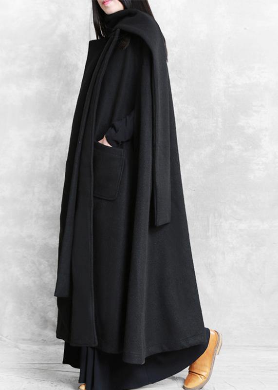 Fine Oversize Long Coat Black Pockets Extra Large Hem Woolen Outwear