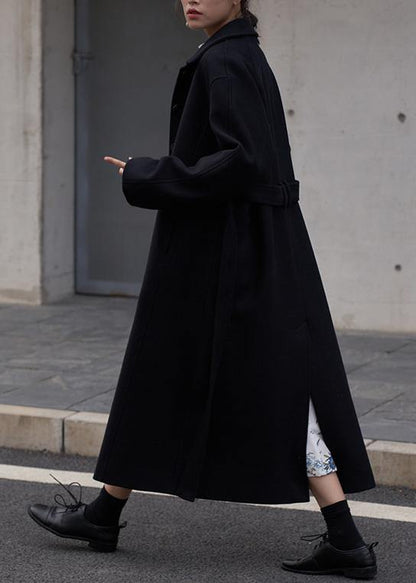 Fine Oversize Long Coats Black Notched Tie Waist Wool Jackets