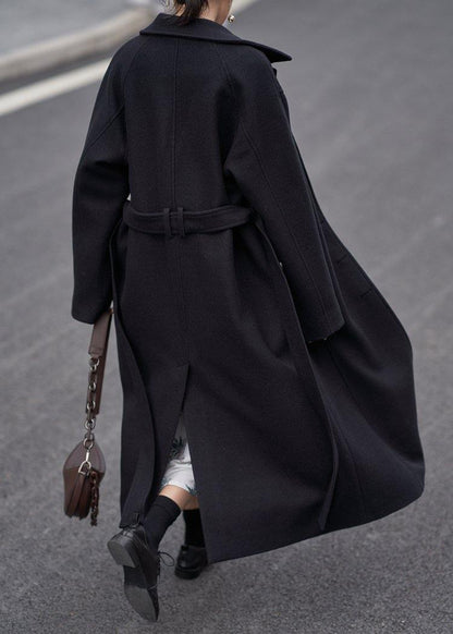 Fine Oversize Long Coats Black Notched Tie Waist Wool Jackets