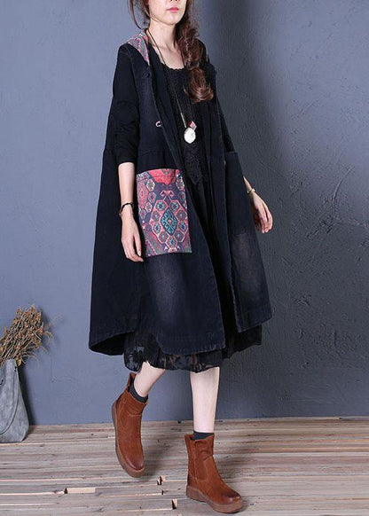 Fine Oversized Maxi Coat Fall Black Patchwork Hooded Coats