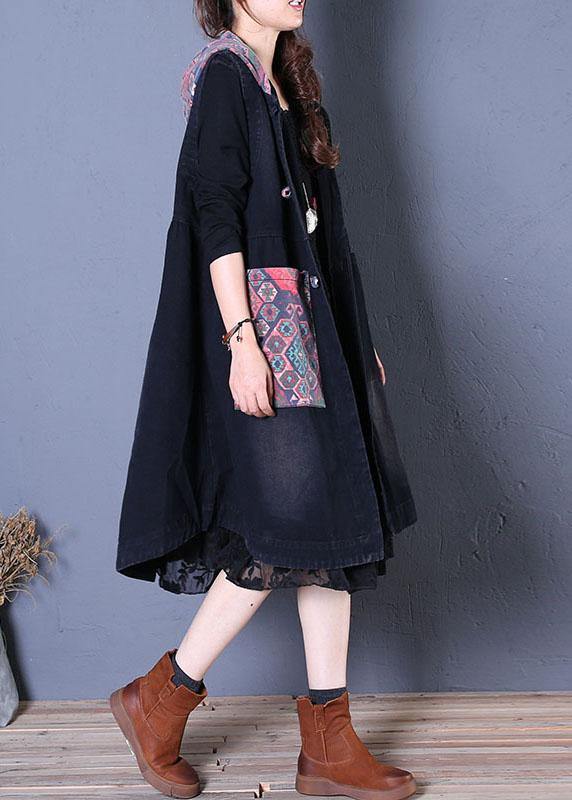 Fine Oversized Maxi Coat Fall Black Patchwork Hooded Coats