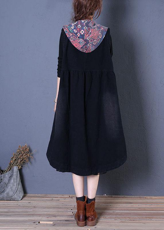 Fine Oversized Maxi Coat Fall Black Patchwork Hooded Coats