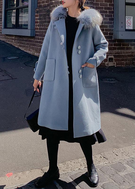 Fine Oversized Medium Length Jackets Faux Fur Collar Woolen Outwear Blue Hooded Woolen Overcoat