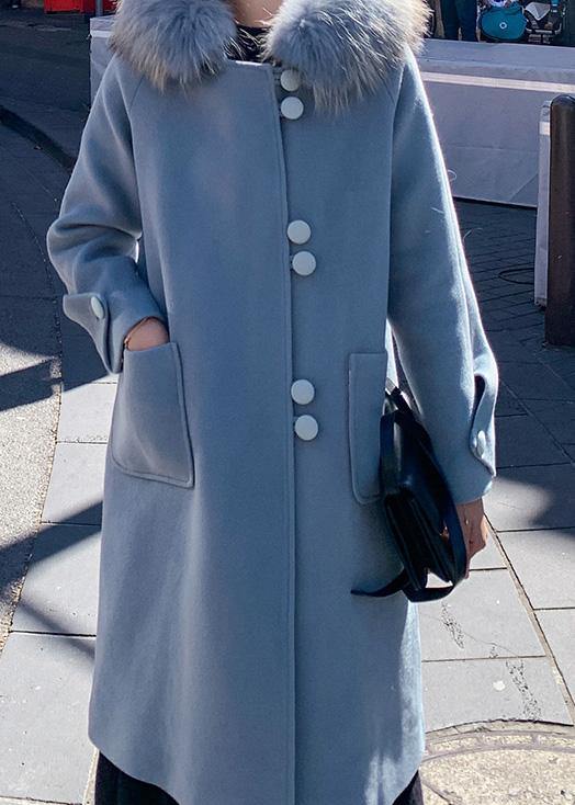 Fine Oversized Medium Length Jackets Faux Fur Collar Woolen Outwear Blue Hooded Woolen Overcoat