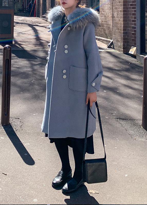 Fine Oversized Medium Length Jackets Faux Fur Collar Woolen Outwear Blue Hooded Woolen Overcoat