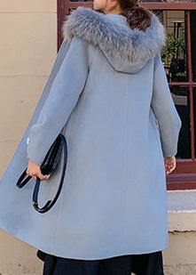 Fine Oversized Medium Length Jackets Faux Fur Collar Woolen Outwear Blue Hooded Woolen Overcoat
