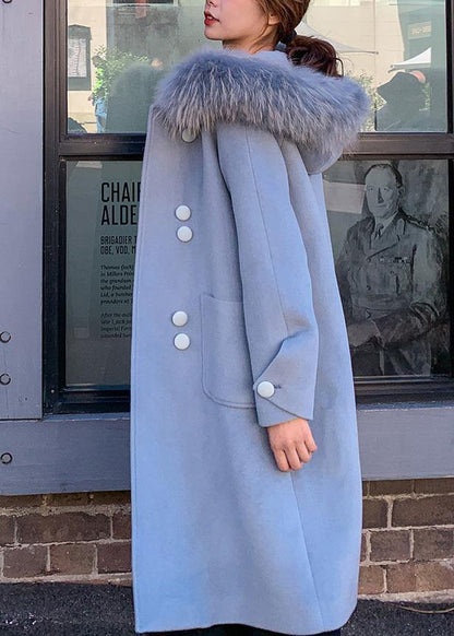 Fine Oversized Medium Length Jackets Faux Fur Collar Woolen Outwear Blue Hooded Woolen Overcoat