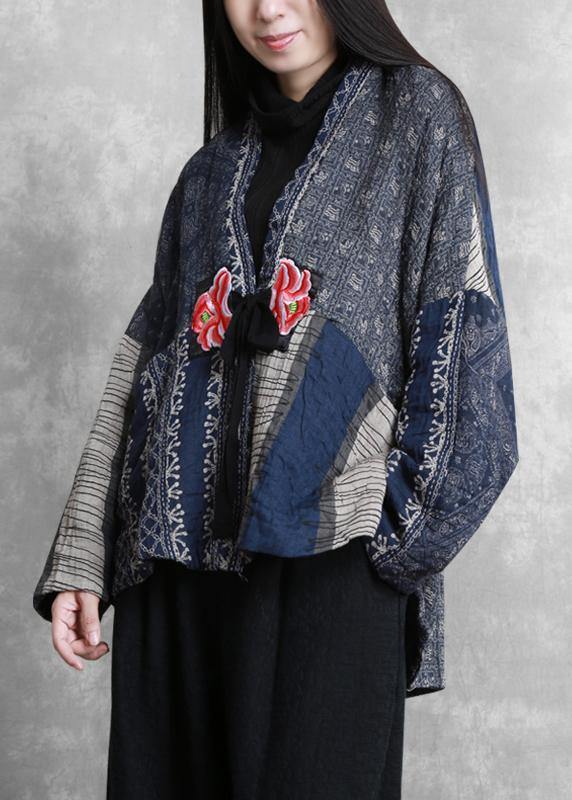 Fine Oversized Winter Coats Blue Print V Neck Patchwork Coats