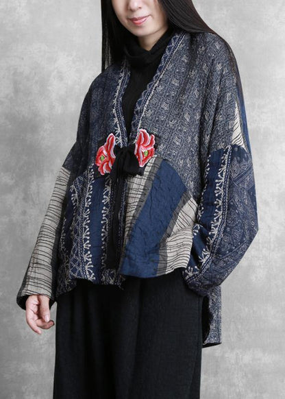 Fine Oversized Winter Coats Blue Print V Neck Patchwork Coats