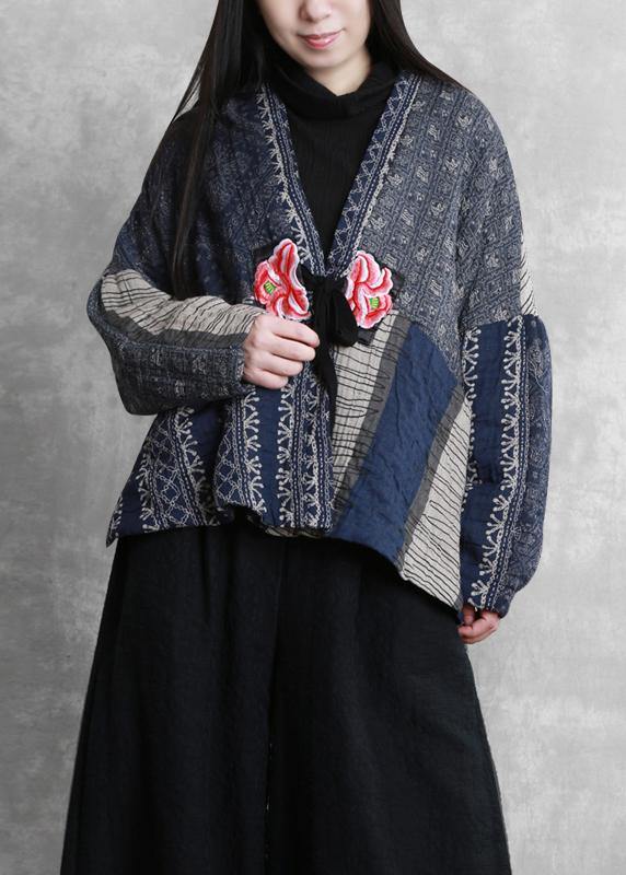 Fine Oversized Winter Coats Blue Print V Neck Patchwork Coats