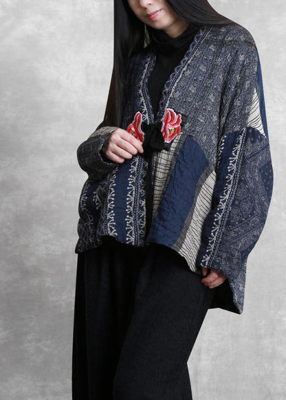 Fine Oversized Winter Coats Blue Print V Neck Patchwork Coats
