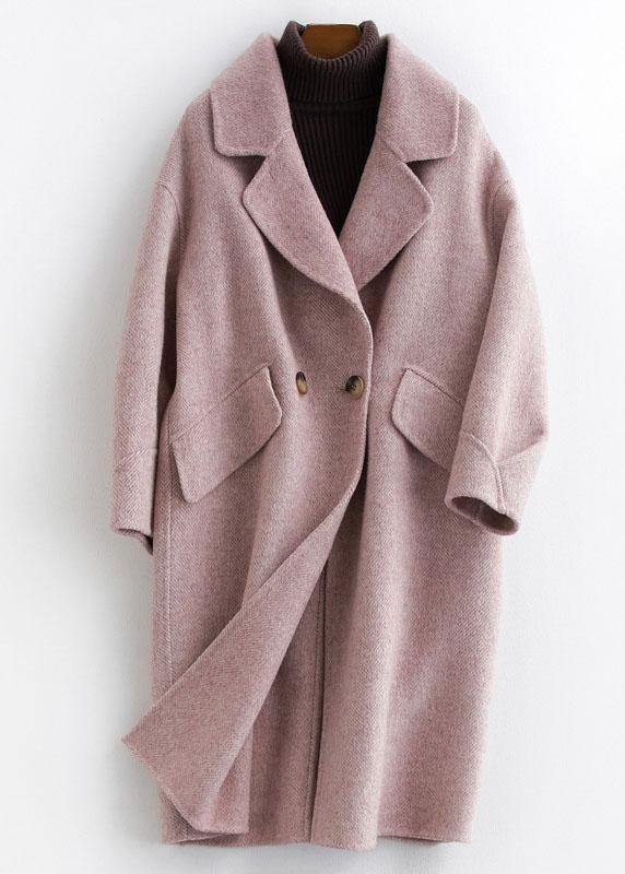 Fine Pink Woolen Notched Coat Oversize Mid-length Pockets Coats