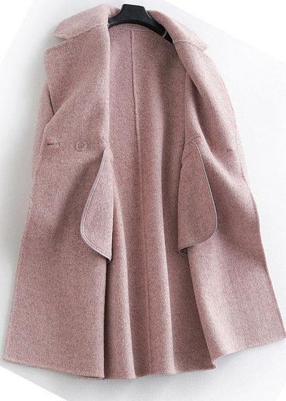 Fine Pink Woolen Notched Coat Oversize Mid-length Pockets Coats