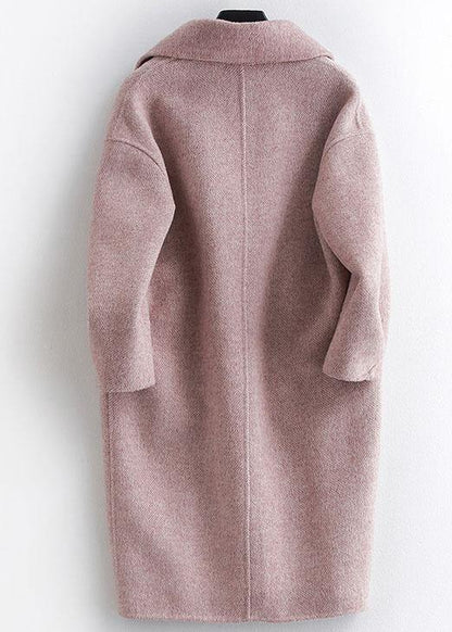Fine Pink Woolen Notched Coat Oversize Mid-length Pockets Coats
