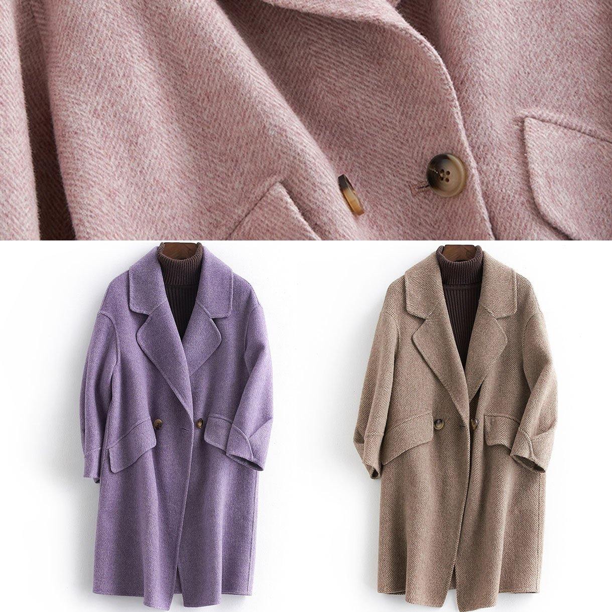 Fine Pink Woolen Notched Coat Oversize Mid-length Pockets Coats