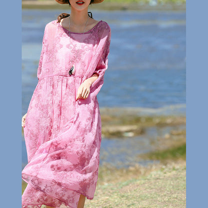 Fine Pink Silk Caftans O Neck Silk Clothing Dress Three Quarter Sleeve Baggy Dresses