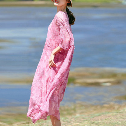 Fine Pink Silk Caftans O Neck Silk Clothing Dress Three Quarter Sleeve Baggy Dresses