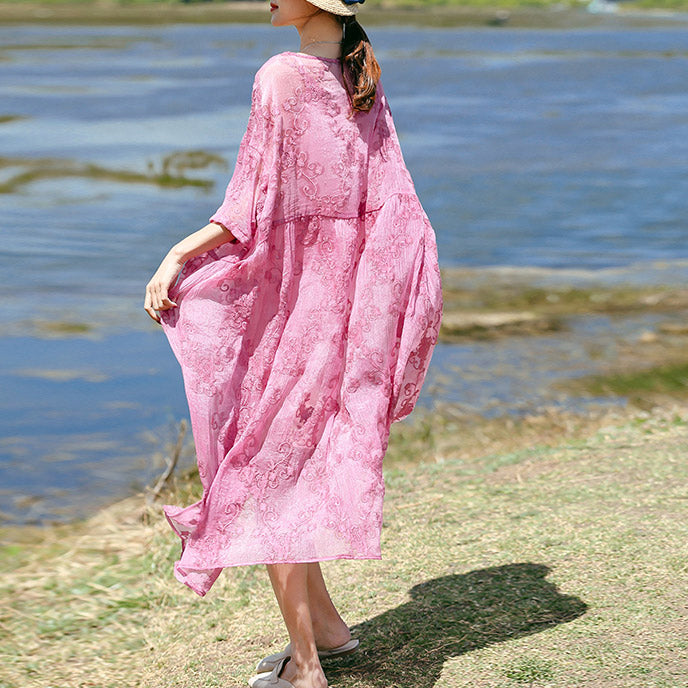 Fine Pink Silk Caftans O Neck Silk Clothing Dress Three Quarter Sleeve Baggy Dresses