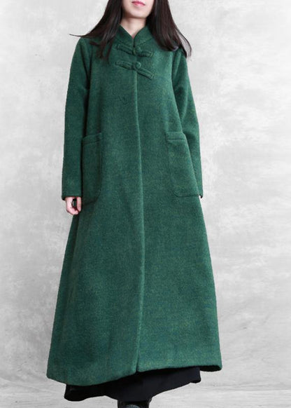 Fine Coats Coat Green Stand Collar Pockets Woolen Coats