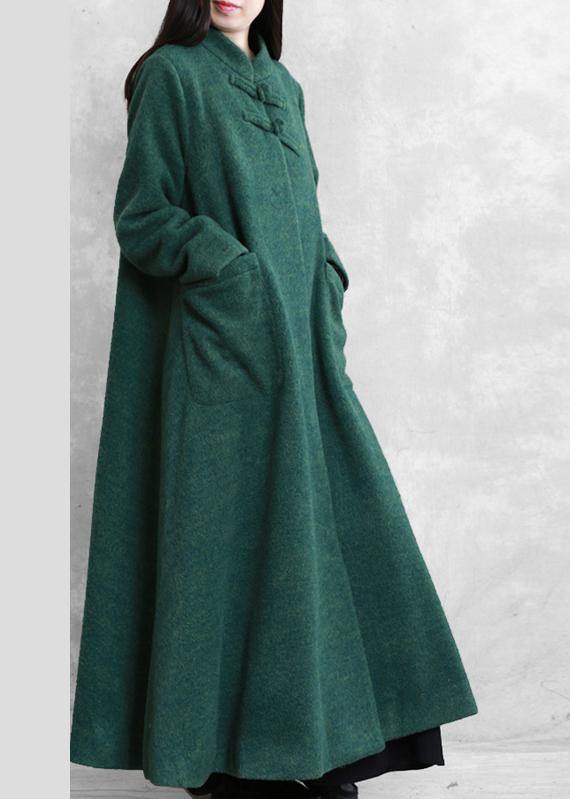 Fine Coats Coat Green Stand Collar Pockets Woolen Coats