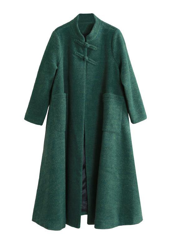 Fine Coats Coat Green Stand Collar Pockets Woolen Coats