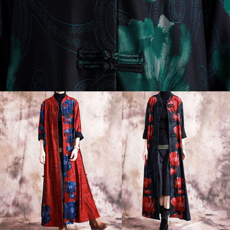 Fine Clothing Long Coats Fall Red Patchwork Blue Print Chinese Button Coat for
