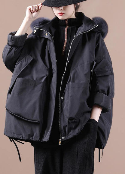 Fine Down Jacket Overcoat Black Hooded Fur Collar Goose Down Coat