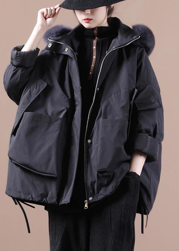 Fine Down Jacket Overcoat Black Hooded Fur Collar Goose Down Coat