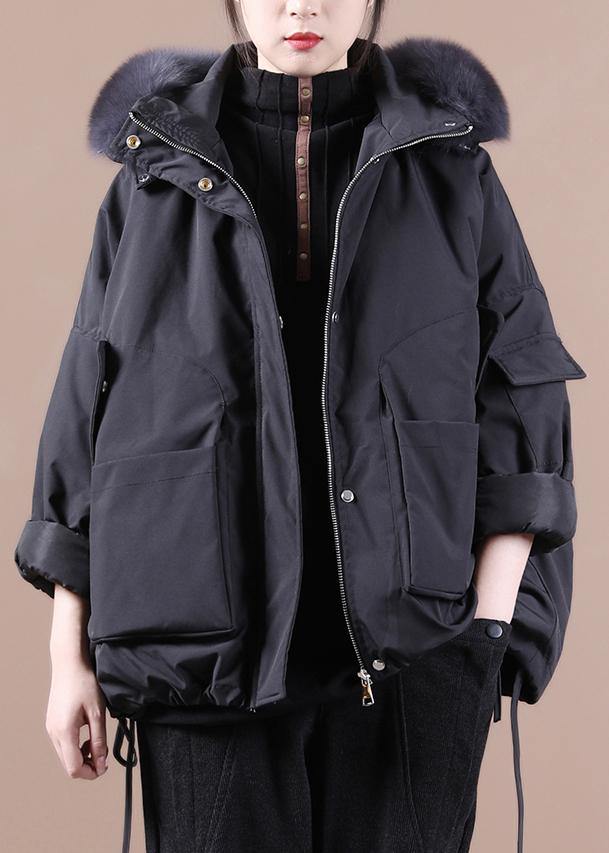 Fine Down Jacket Overcoat Black Hooded Fur Collar Goose Down Coat