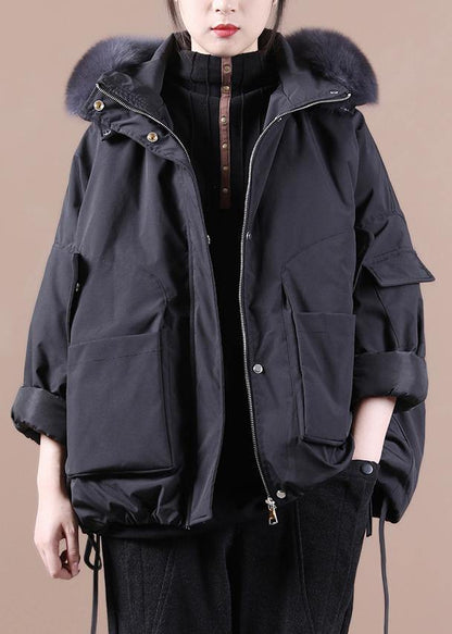 Fine Down Jacket Overcoat Black Hooded Fur Collar Goose Down Coat