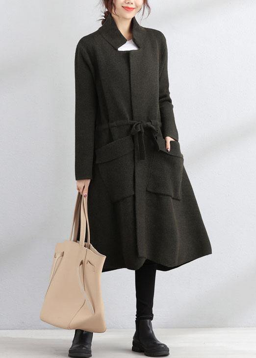 Fine Fall Coat Army Green Square Collar Tie Waist Woolen Coats