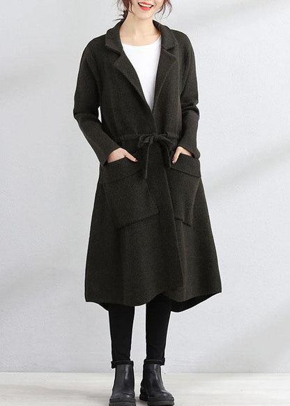 Fine Fall Coat Army Green Square Collar Tie Waist Woolen Coats