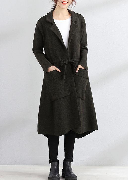Fine Fall Coat Army Green Square Collar Tie Waist Woolen Coats