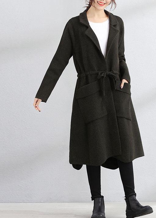 Fine Fall Coat Army Green Square Collar Tie Waist Woolen Coats