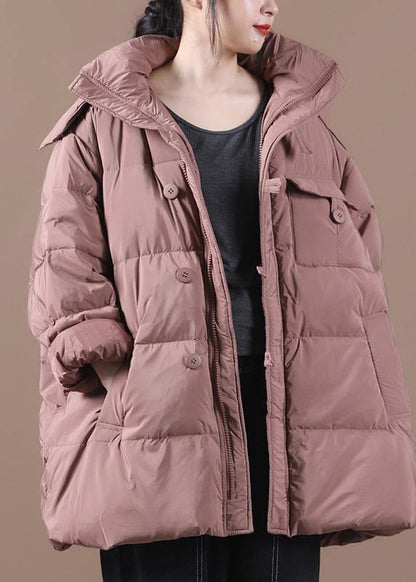 Fine Snow Jackets Pink Hooded Zippered Goose Down Coat