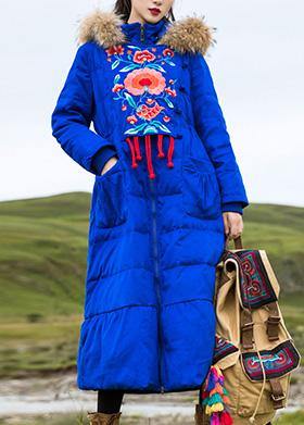 Fine Parka Embroidery Overcoat Blue Hooded Goose Down Coat
