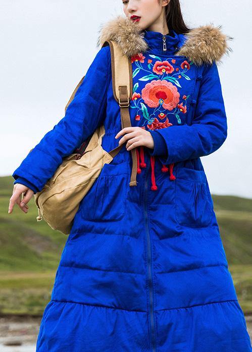 Fine Parka Embroidery Overcoat Blue Hooded Goose Down Coat