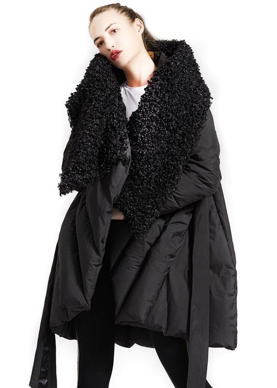 Fine Parka Tie Waist Coats Black Fur Collar Goose Down Coat