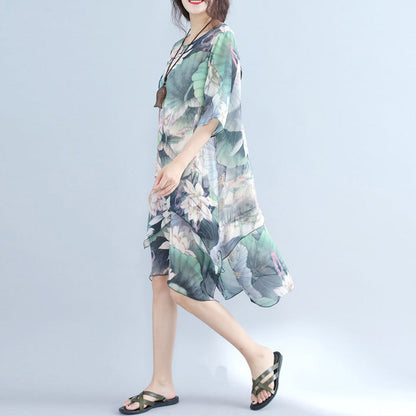 Fine Prints Chiffon Dress Plussize Chiffon Maxi Dress Boutique Half Sleeve Asymmetric Hem Clothing Dress