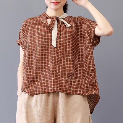Fine Pure Cotton Blouse Loose Plaid Short Sleeve Lacing Summer Pleated Blouse