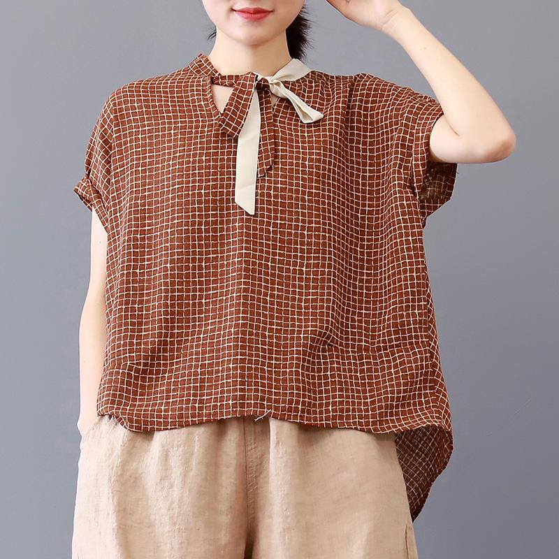 Fine Pure Cotton Blouse Loose Plaid Short Sleeve Lacing Summer Pleated Blouse