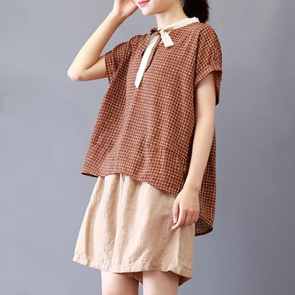 Fine Pure Cotton Blouse Loose Plaid Short Sleeve Lacing Summer Pleated Blouse