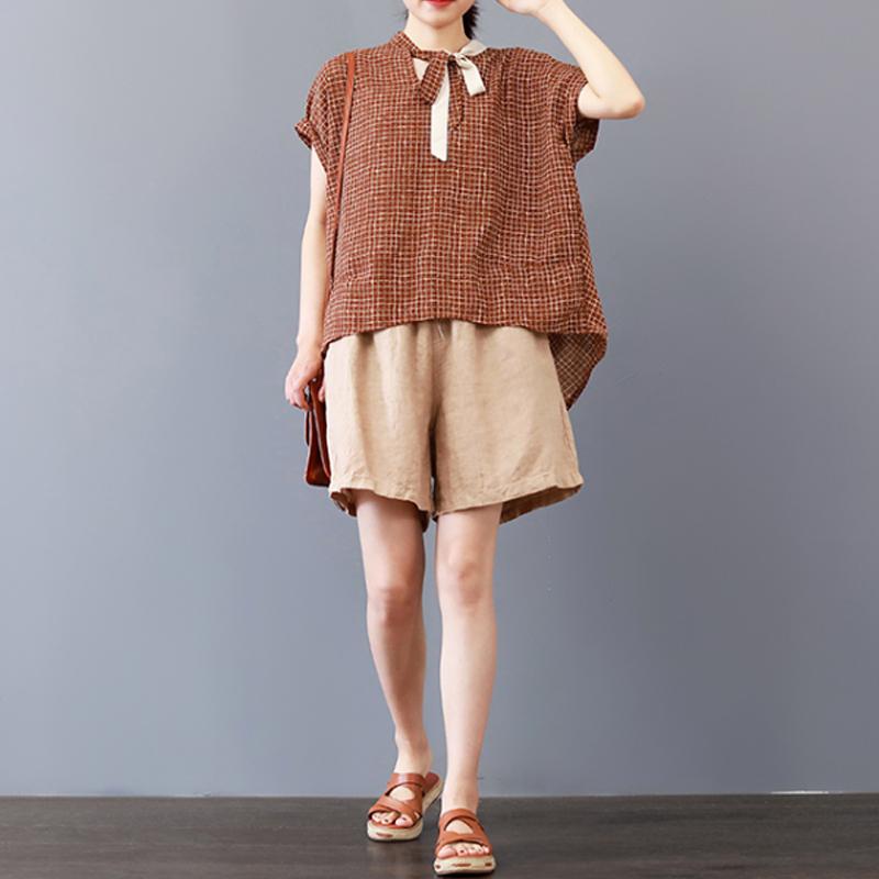 Fine Pure Cotton Blouse Loose Plaid Short Sleeve Lacing Summer Pleated Blouse