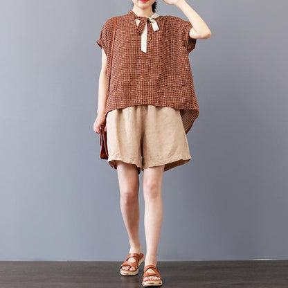 Fine Pure Cotton Blouse Loose Plaid Short Sleeve Lacing Summer Pleated Blouse