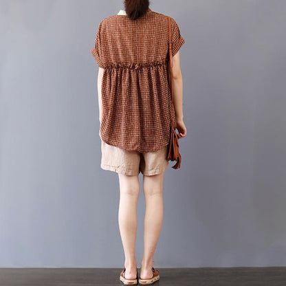 Fine Pure Cotton Blouse Loose Plaid Short Sleeve Lacing Summer Pleated Blouse