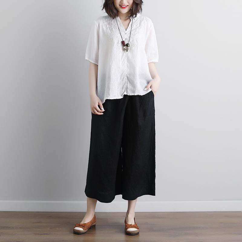 Fine Pure Linen Blouse Retro Short Sleeve Embroidery High-low Hem Tops